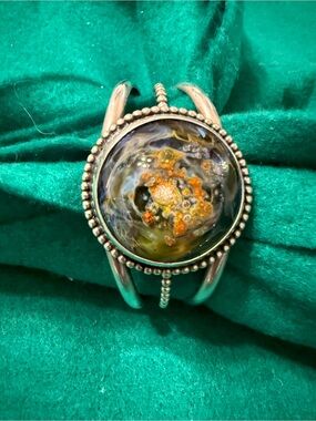 Handmade Silver Cuff Bracelet with Multicolor Glass Cabochon